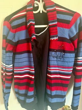 Striped Knit Cardigan with Embroidered Detail - Red, Blue, Black